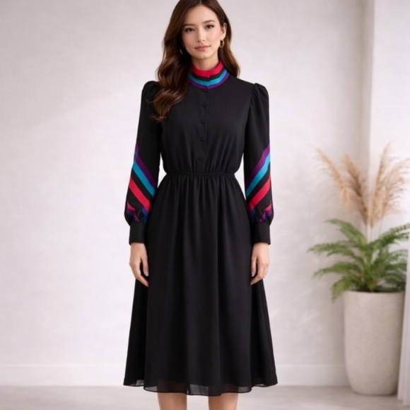 Benee | Vintage Black Semi-Sheer Midi Dress | Red & Turquoise Accent Collar - Picture 4 of 12